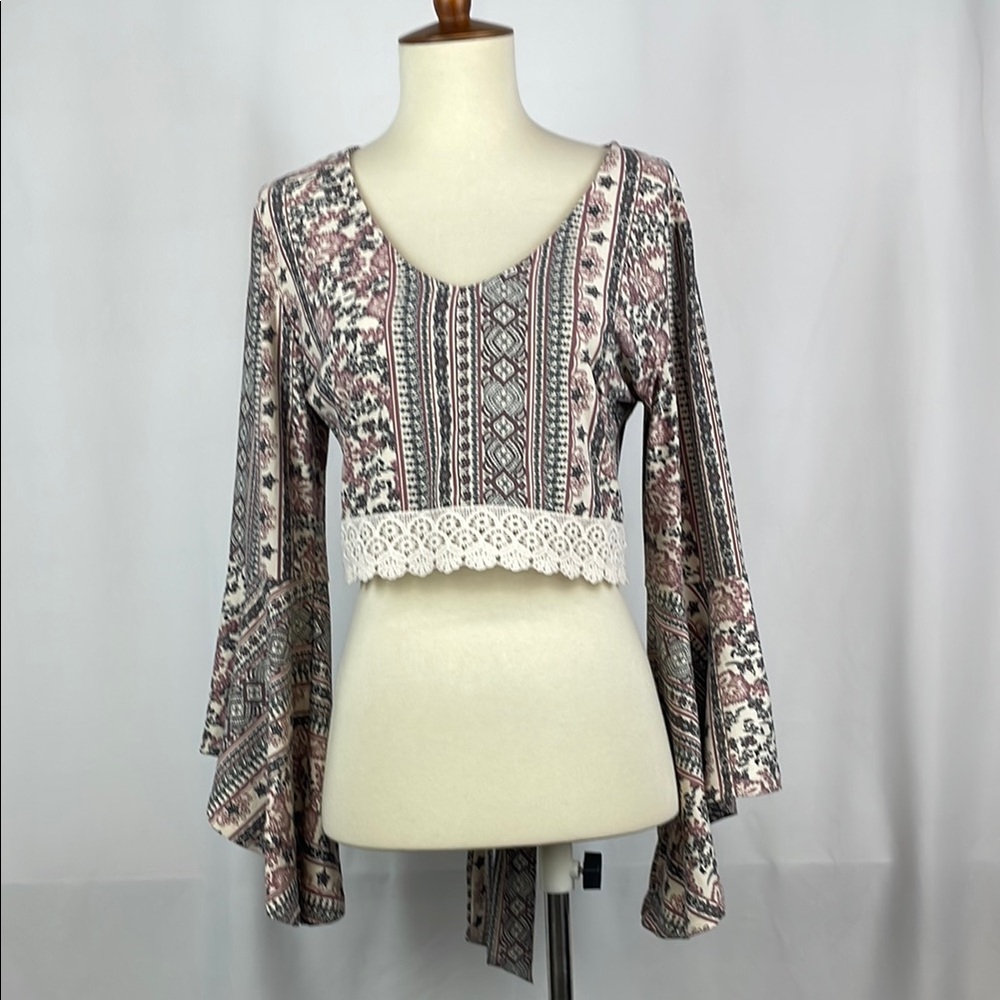 Polly & Esther Pink and Cream Boho Crop Blouse with Bell Sleeves and Tie - Small